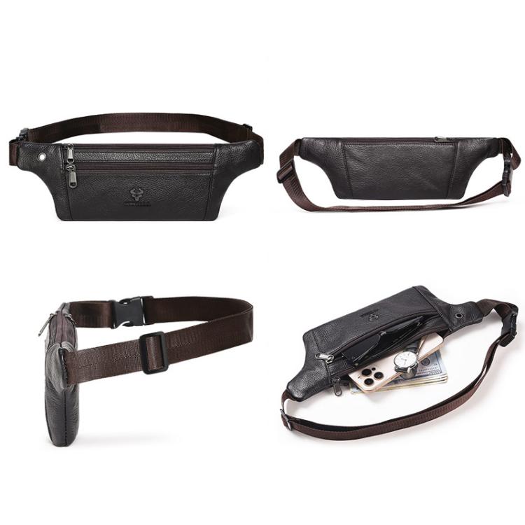 Men's leather waist bag with multiple views and crossbody strap, front zip compartment
