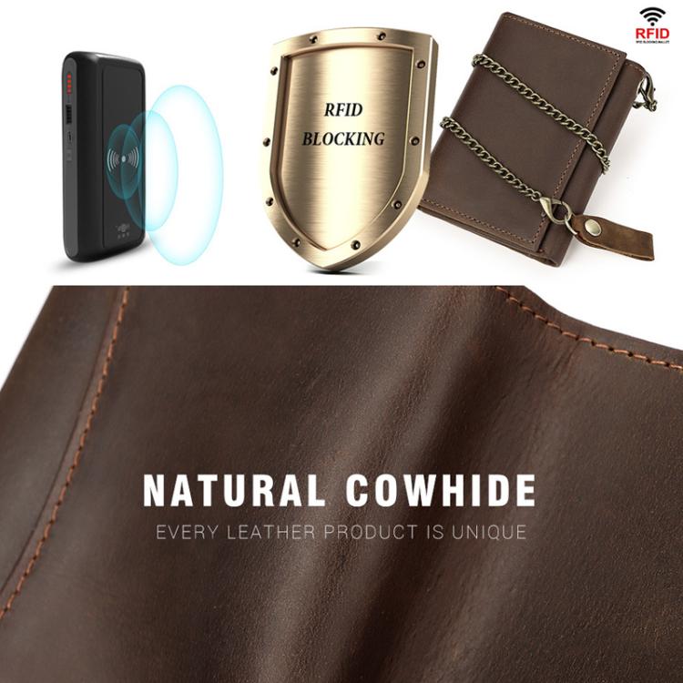 Brown leather wallet with chain strap and visible stitching detail