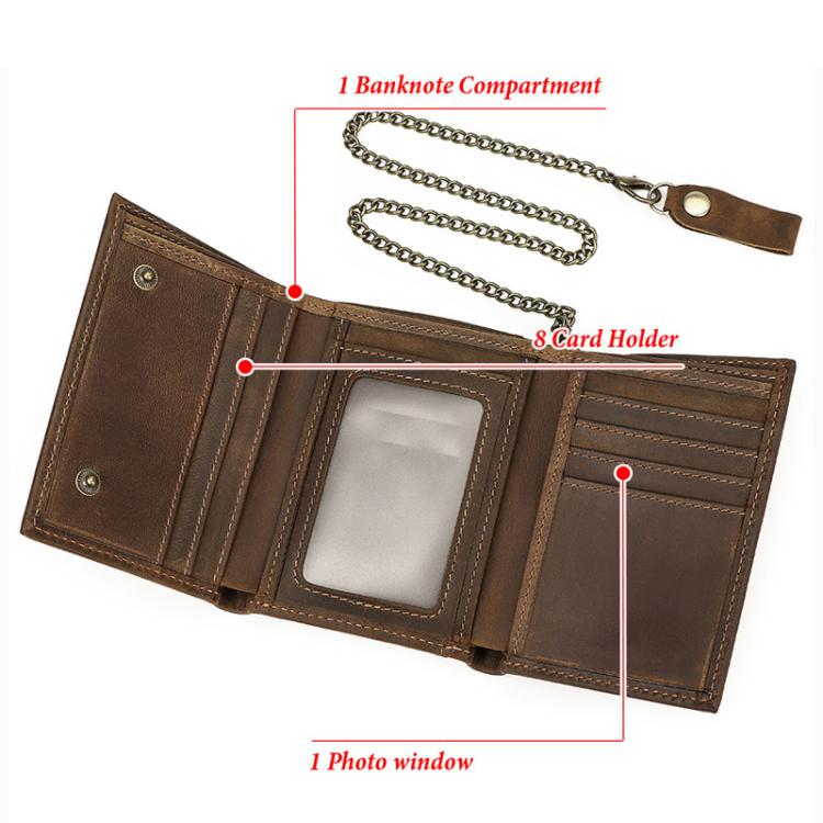 Open brown leather tri-fold wallet with card slots, coin pocket, and photo window