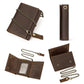Brown leather tri-fold wallet set with chain strap, card slots, and coin pocket