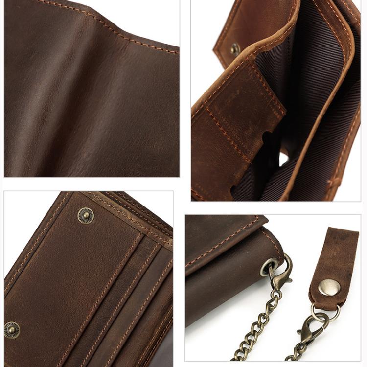 Brown leather wallet close-up with stitching, card pocket, and coin pouch strap