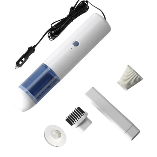 White 12V handheld car vacuum cleaner with blue dust bin and car plug cable, plus nozzles