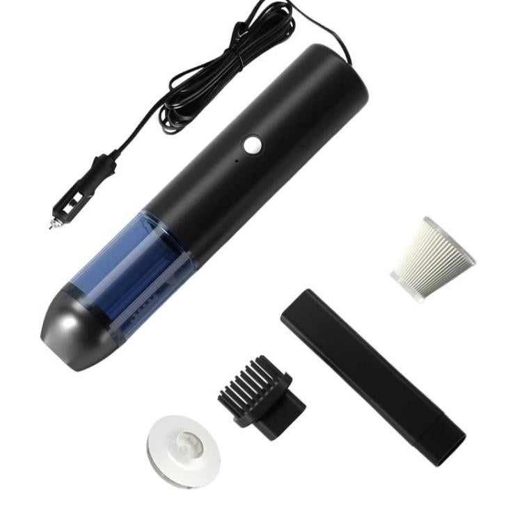 Black 12V handheld car vacuum cleaner with blue dust bin and car plug cable, plus nozzles