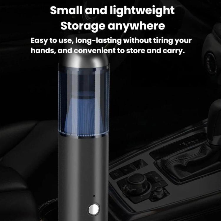 Gray handheld vacuum cleaner with blue translucent dust cup and round indicator button