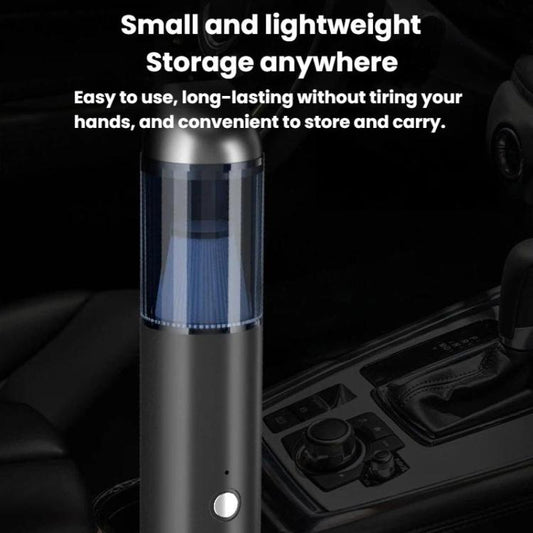 Gray handheld vacuum cleaner with blue translucent dust cup and round indicator button