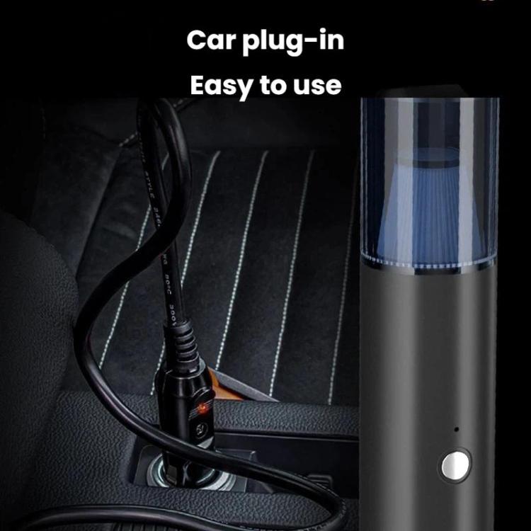 Silver handheld vacuum cleaner with blue dust cup and car plug power cord