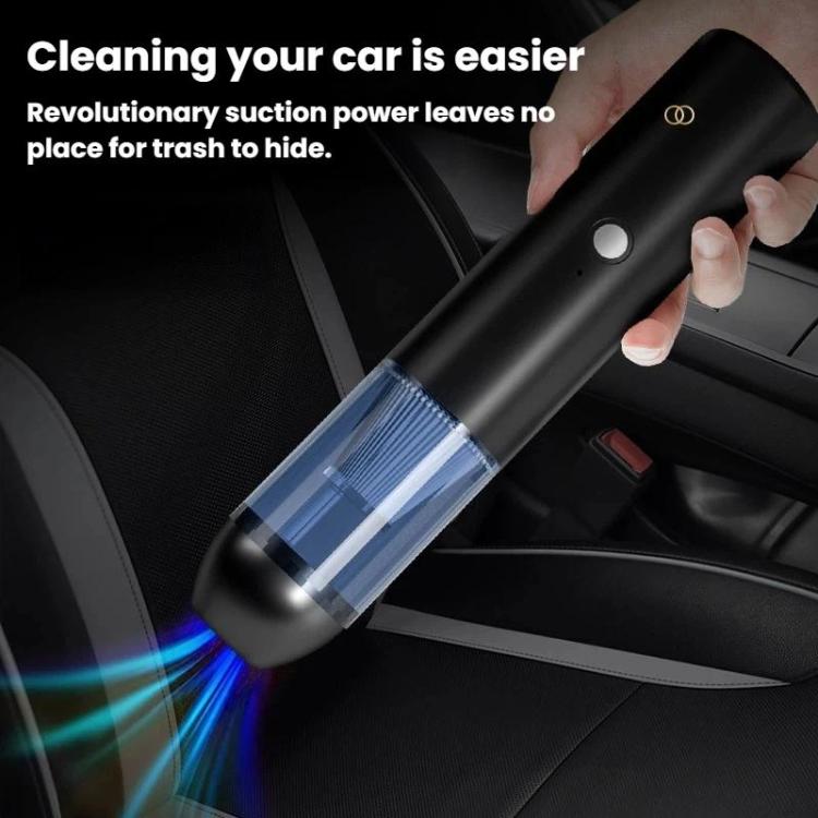 Black handheld car vacuum cleaner with blue dust bin and crevice nozzle