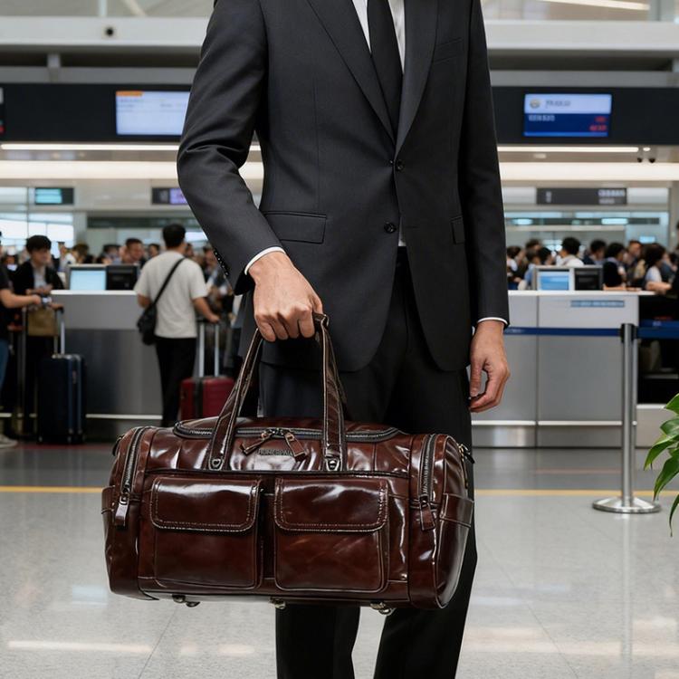 Brown leather duffel bag with two front pockets and sturdy short handles