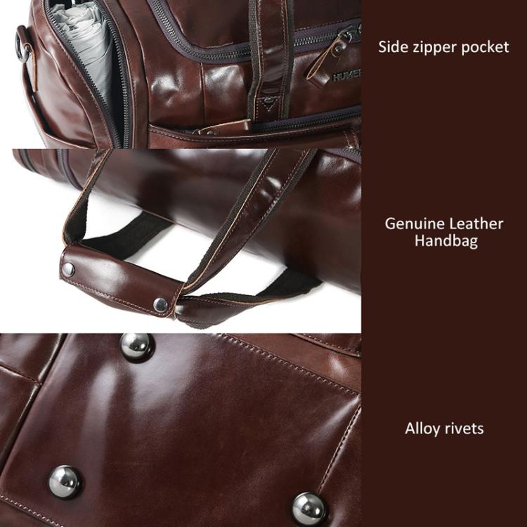 Brown leather duffel close-up with side zipper pocket, rivets, and wide strap
