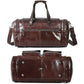 Brown leather duffel bag with front magnetic clasps, riveted corners, and shoulder straps