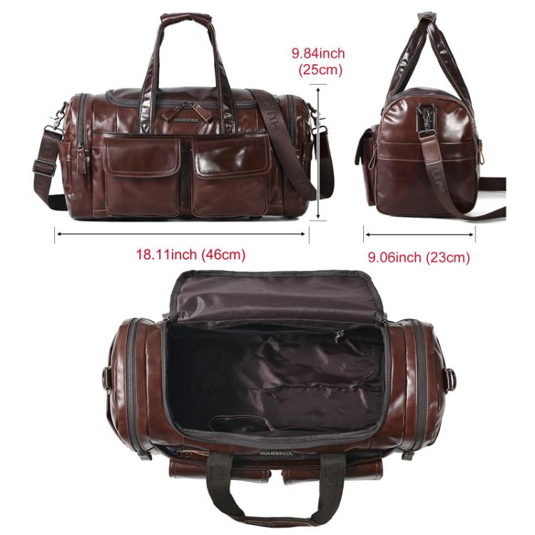 Brown leather duffel bag shown in front and end views with zippered pocket