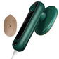 Green handheld steamer iron with steam plate and power cord connection