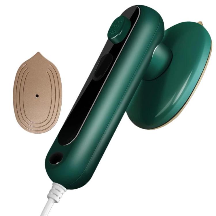 Green handheld steamer iron with steam plate and power cord connection