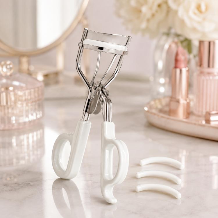 White eyelash curler refill pads with eyelash curler, curved rubber inserts