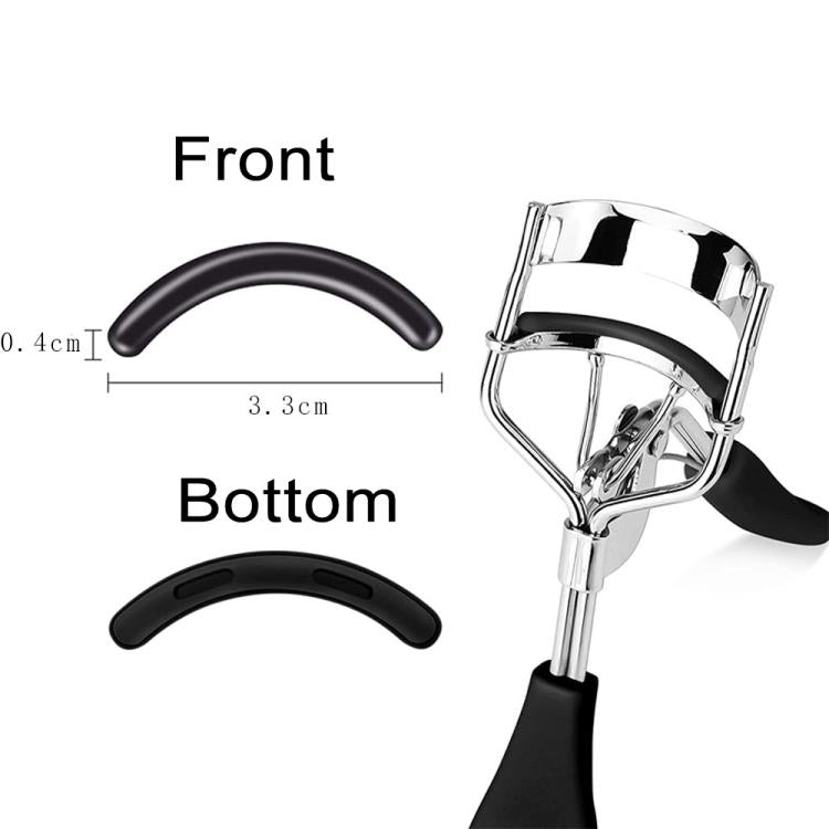 Eyelash curler refill pads size guide with front and bottom curved rubber inserts