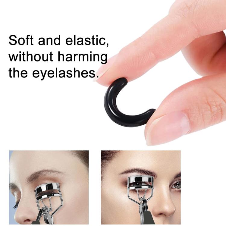 Black eyelash curler refill pad, soft elastic curved rubber insert held in fingers