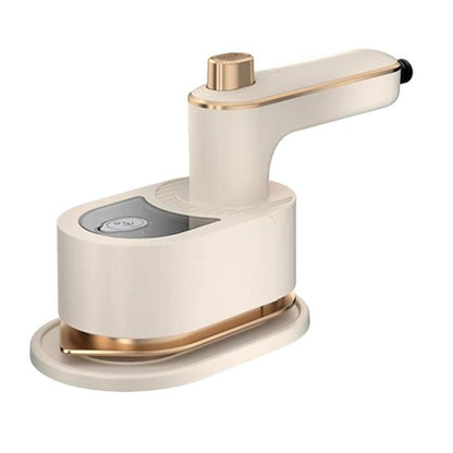 White handheld garment steamer with gold accents and built-in base stand