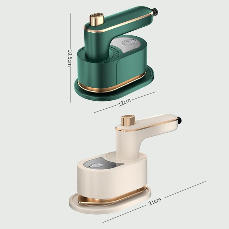 Portable handheld garment steamer with size dimensions shown in white and green