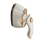 Front view of portable white handheld steam iron with gold accents and nozzle