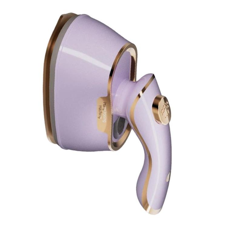 Front view of portable purple handheld steam iron with gold accents and nozzle
