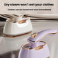 White and lavender handheld steam irons on fabric surfaces