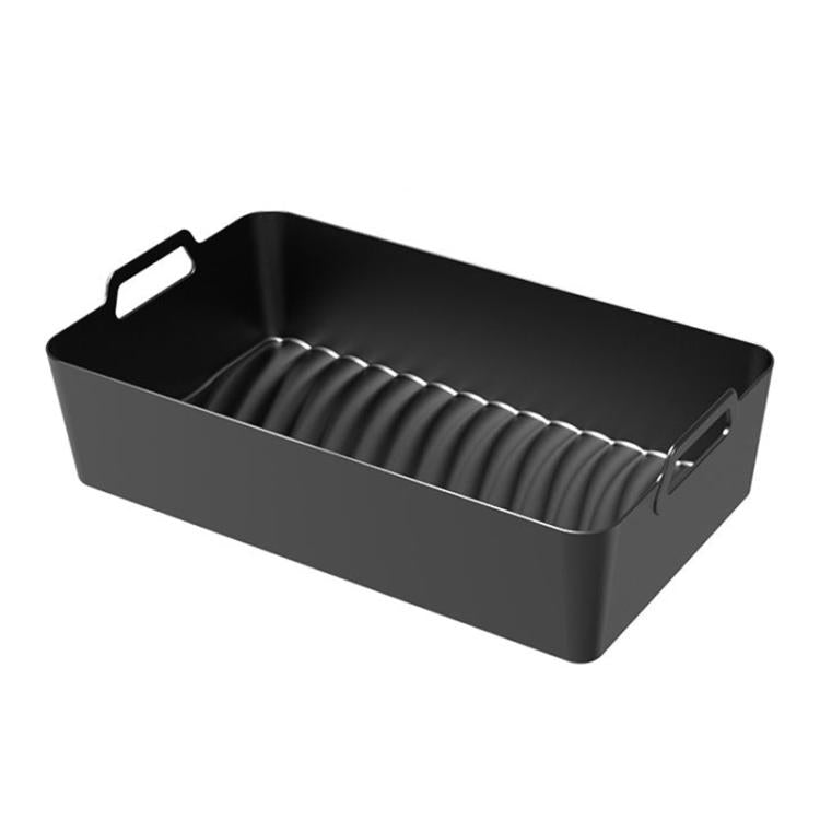 Black silicone air fryer liner tray with ridged base and side handles