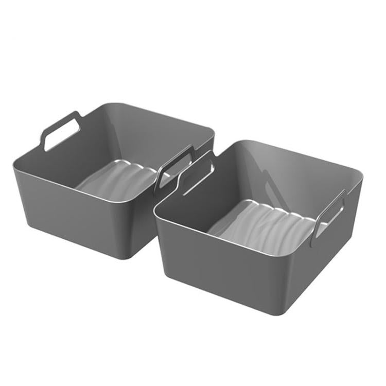 Gray silicone air fryer liner tray set with two ridged compartments and handles