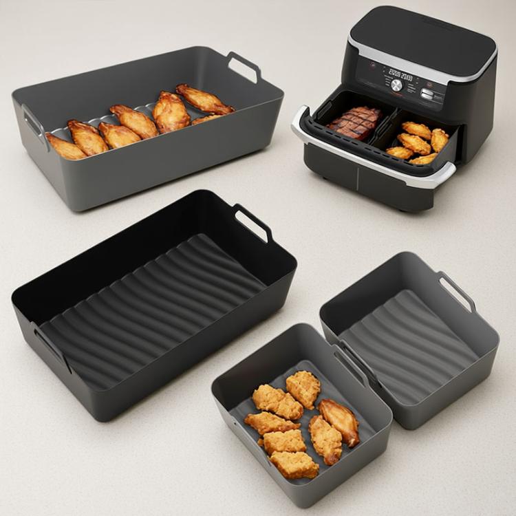 Black and gray silicone air fryer liner trays set with ridged inserts