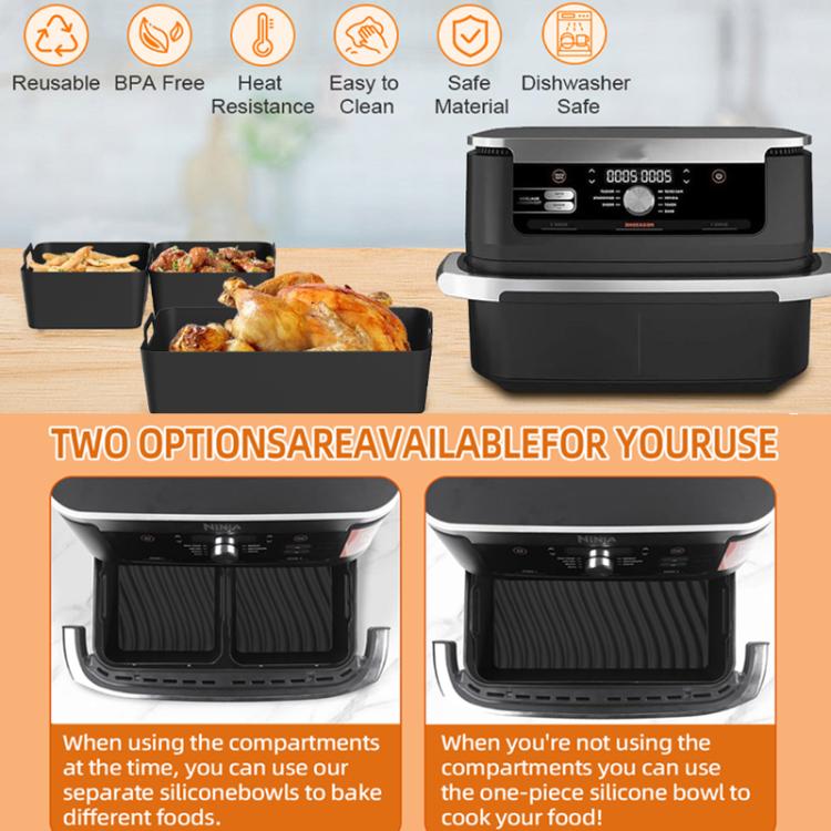 Black silicone air fryer liner trays with ridged inserts in dual basket