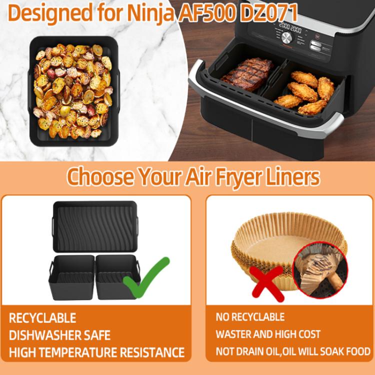 Black silicone air fryer liner trays with ridged base in air fryer basket