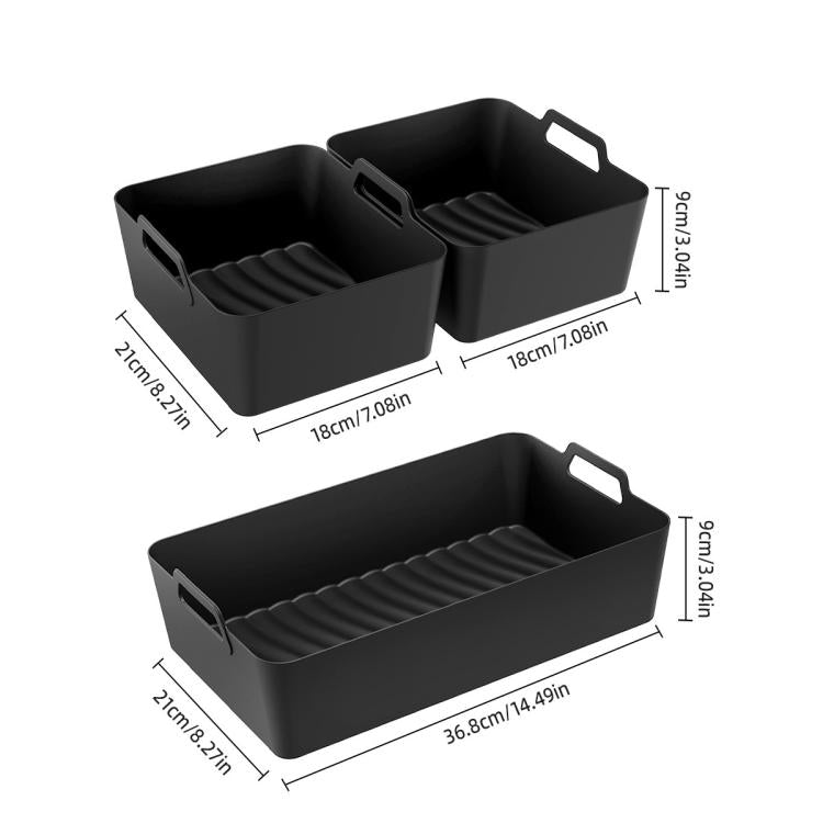 Black silicone air fryer liner trays set with ridged base and size labels