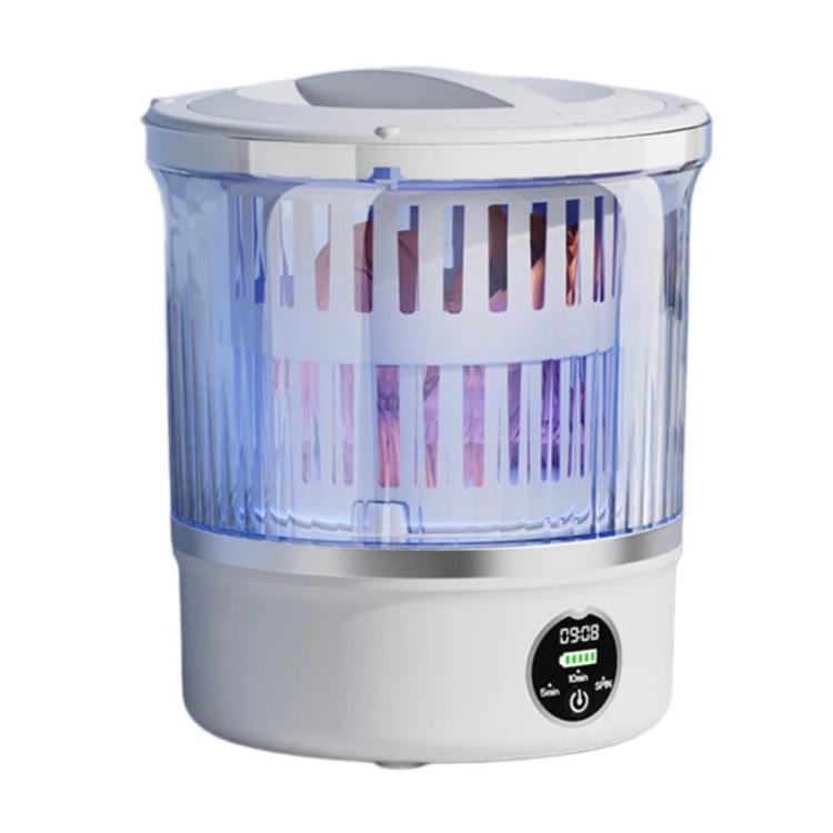Portable mini washing machine with clear drum and blue water, white base and lid