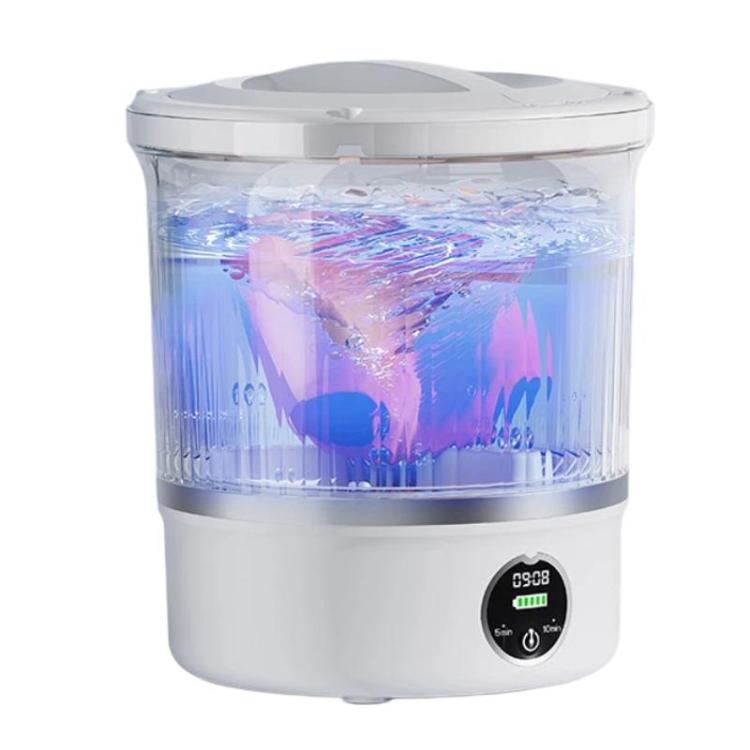 Portable mini washing machine with clear drum, active blue wash water, white base