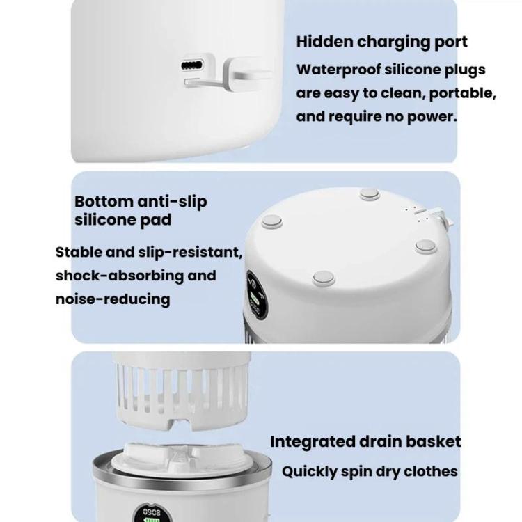 Mini washing machine side with hidden charging port and anti-slip base feet