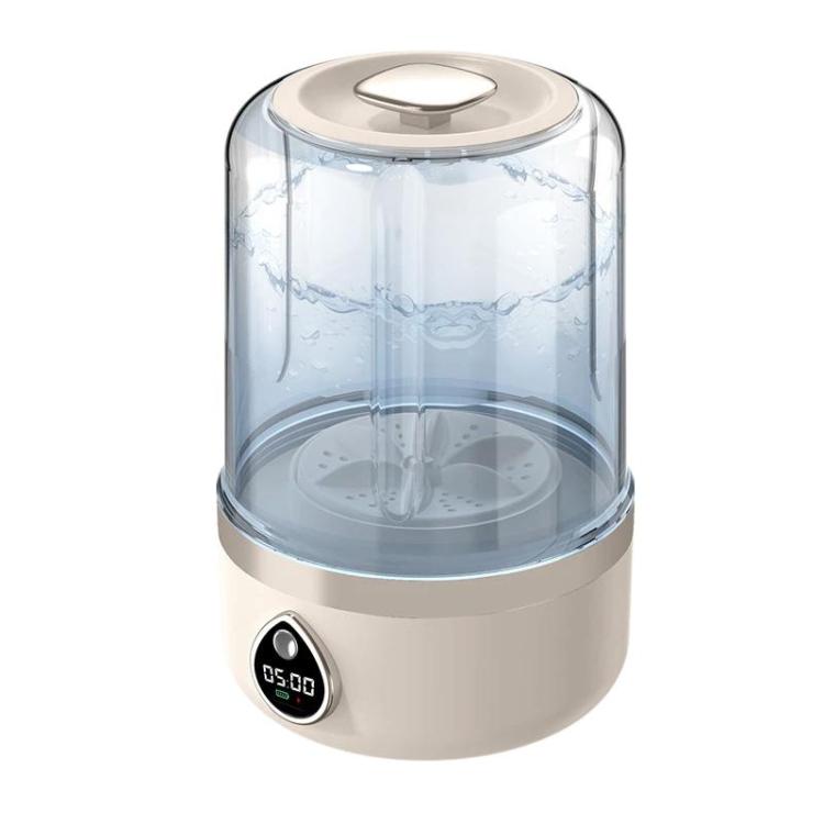 Mini portable washing machine with clear top and khaki base, digital display