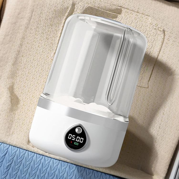 Mini portable washing machine with clear lid and white body, viewed from above