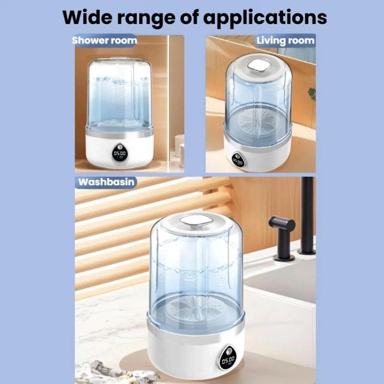 Mini portable washing machine with clear chamber and white base, shown on multiple surfaces