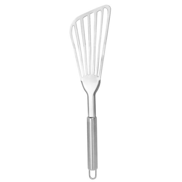 Stainless steel slotted fish spatula with long handle and angled fork head
