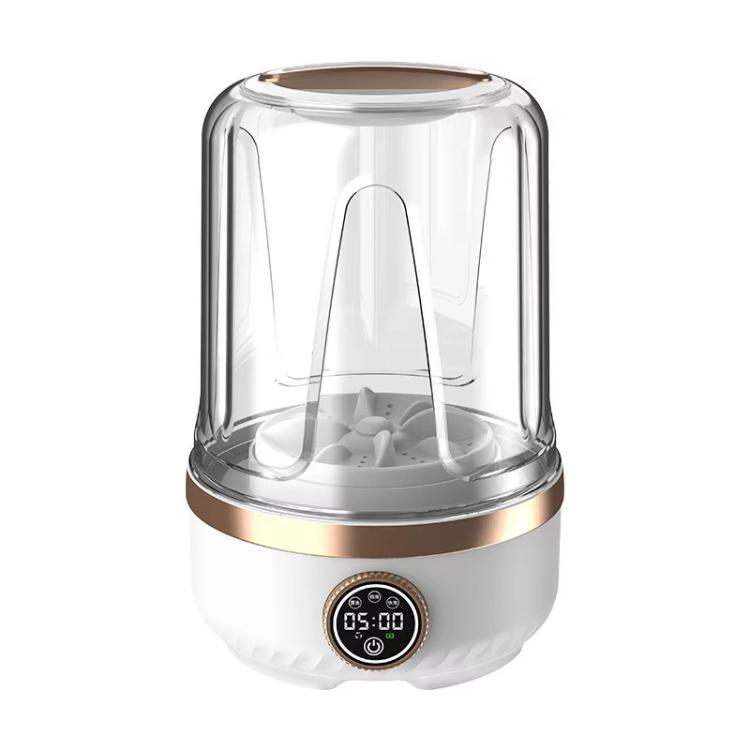 White mini portable washing machine with clear lid, digital timer, and gold-trim ring