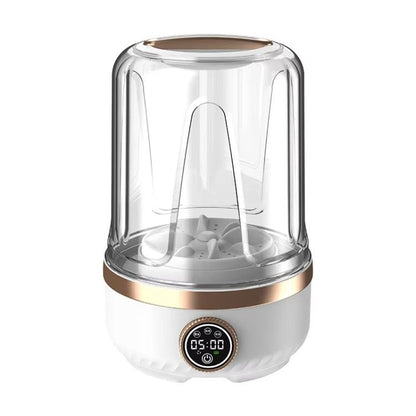 White mini portable washing machine with clear lid, digital timer, and gold-trim ring