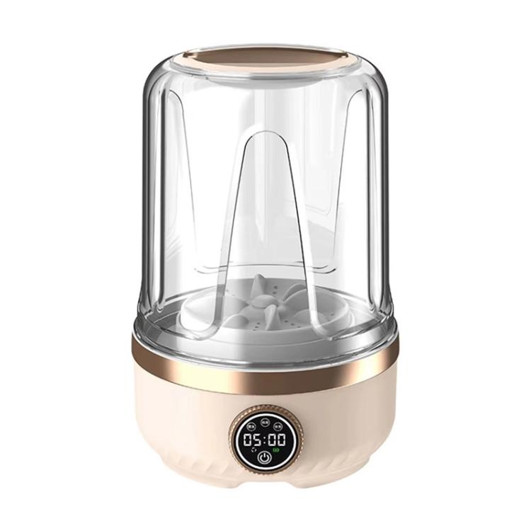 Khaki mini portable washing machine with clear lid, digital timer, and gold-trim ring