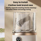 Mini portable washing machine with clear drum holding laundry, white base, digital timer