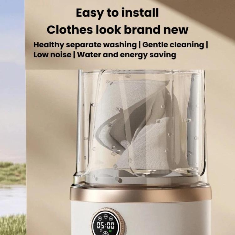 Mini portable washing machine with clear drum holding laundry, white base, digital timer