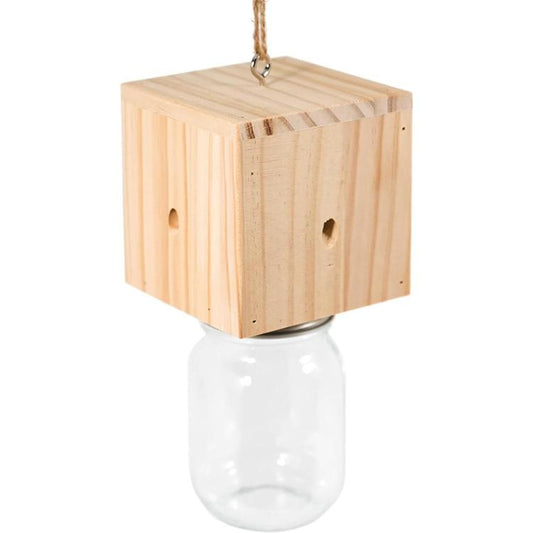 Wooden hanging insect trap with glass bottle base and small entry holes
