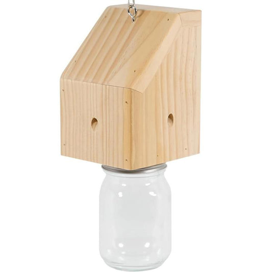 Wooden hanging wasp trap housing with glass bottle base and roof loop