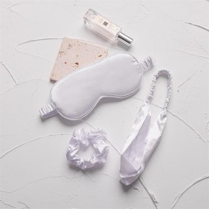 White satin sleep mask set with elastic headband and hair scrunchie