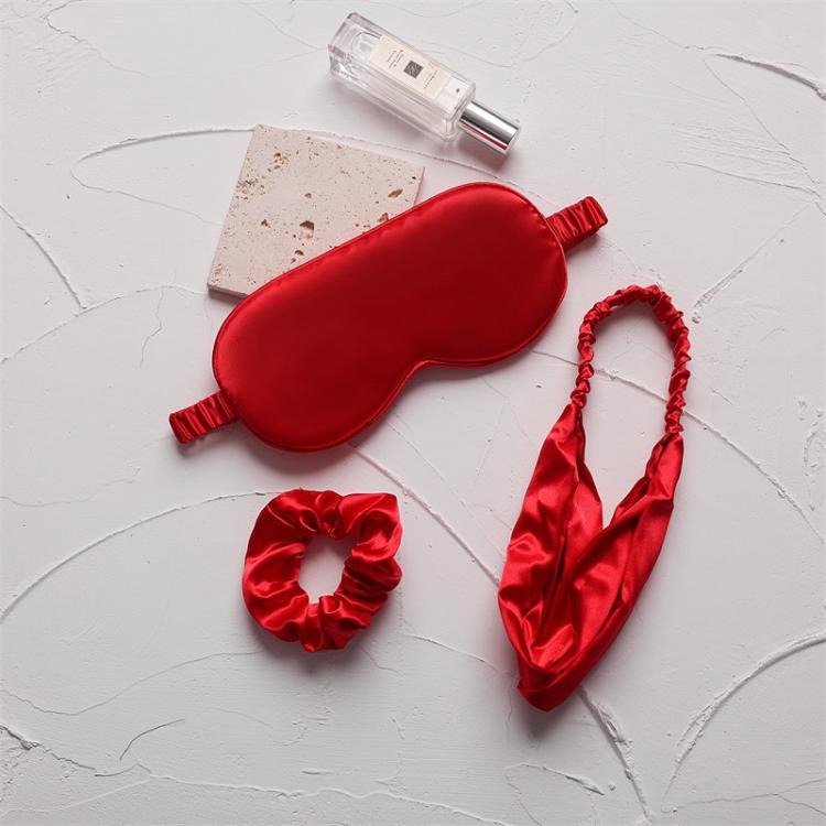 Red satin sleep mask set with elastic headband and hair scrunchie