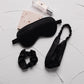 Black satin sleep mask set with elastic headband and hair scrunchie