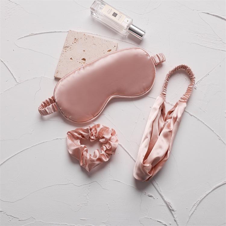 Blush pink satin sleep mask set with elastic headband and hair scrunchie