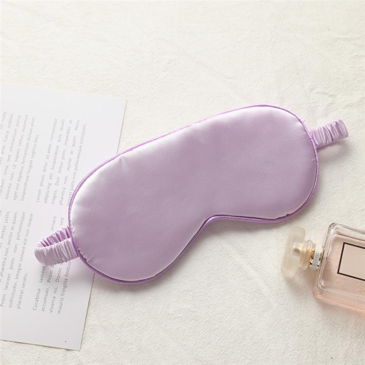 Lavender satin sleep mask with elastic strap, double-sided light-blocking design.
